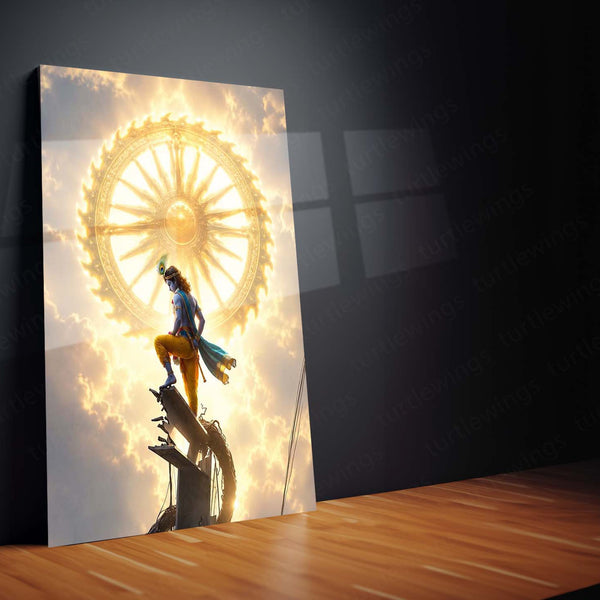 Spiritual Metal Poster | Lord Krishna Sudarshan Chakra Metal Poster | Divine Vishnu Avatar Spiritual Wall Art | Krishna