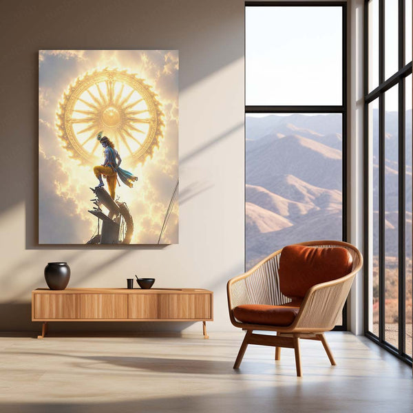 Spiritual Metal Poster | Lord Krishna Sudarshan Chakra Metal Poster | Divine Vishnu Avatar Spiritual Wall Art | Krishna