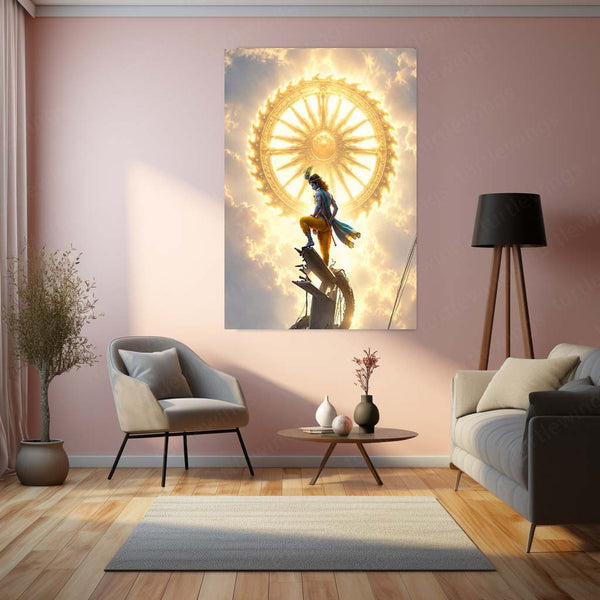 Spiritual Metal Poster | Lord Krishna Sudarshan Chakra Metal Poster | Divine Vishnu Avatar Spiritual Wall Art | Krishna