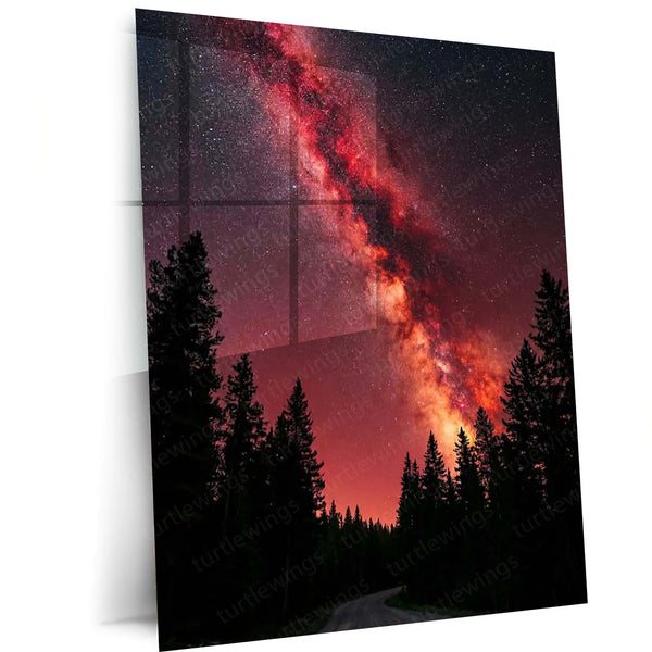 Milky Way Galaxy Metal Poster | Red Starry Night Forest Artwork | Cosmic Space Wall Art | Astronomy Metal Frame – main