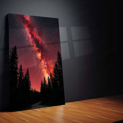 Milky Way Galaxy Metal Poster | Red Starry Night Forest Artwork | Cosmic Space Wall Art | Astronomy Metal Frame – product