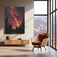 Milky Way Galaxy Metal Poster | Red Starry Night Forest Artwork | Cosmic Space Wall Art | Astronomy Metal Frame – product