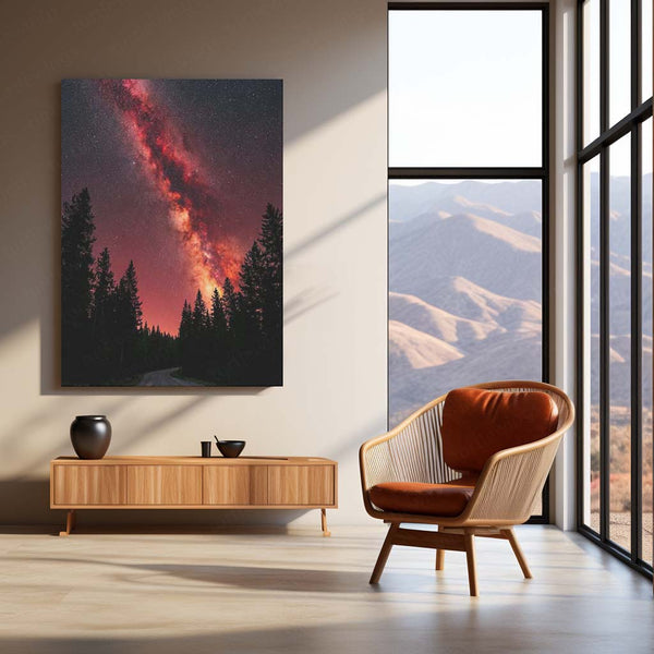 Milky Way Galaxy Metal Poster | Red Starry Night Forest Artwork | Cosmic Space Wall Art | Astronomy Metal Frame – product