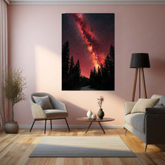 Milky Way Galaxy Metal Poster | Red Starry Night Forest Artwork | Cosmic Space Wall Art | Astronomy Metal Frame – product
