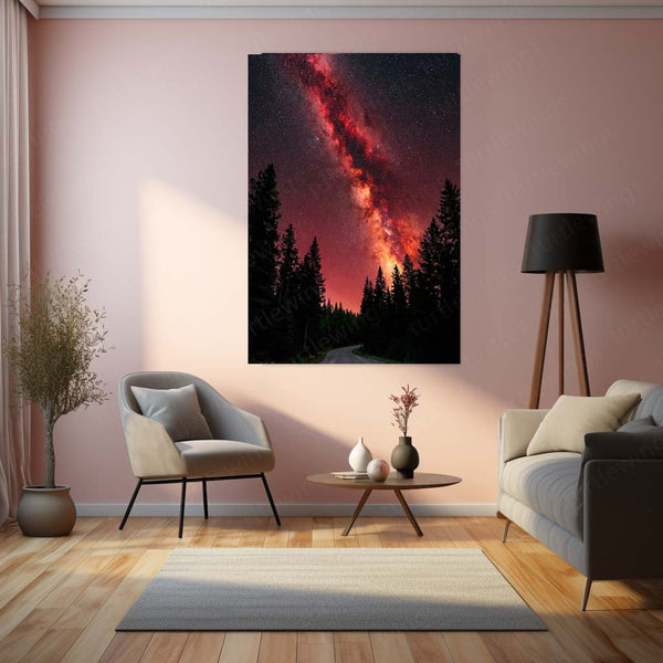 Milky Way Galaxy Metal Poster | Red Starry Night Forest Artwork | Cosmic Space Wall Art | Astronomy Metal Frame – product