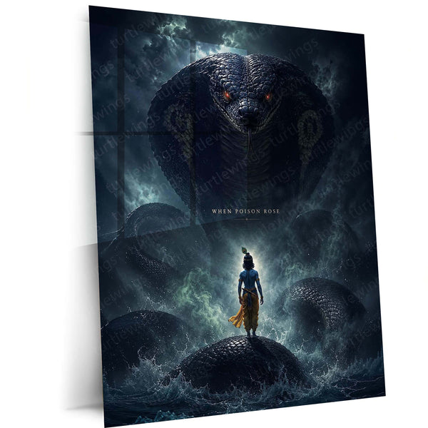 Spiritual Metal Poster | Lord Krishna & Kaliya Naag Metal Poster | Divine Victory Spiritual Wall Art – main product image