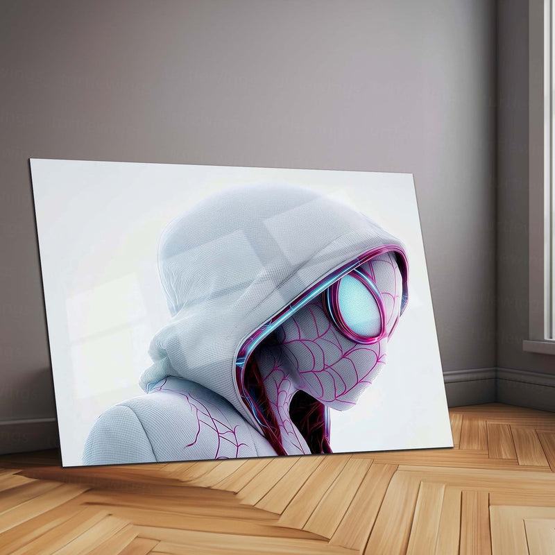 Spider-Gwen Metal Poster | Gwen Stacy Spider-Verse Wall Art | White Hood Superhero Metal Print – main product image