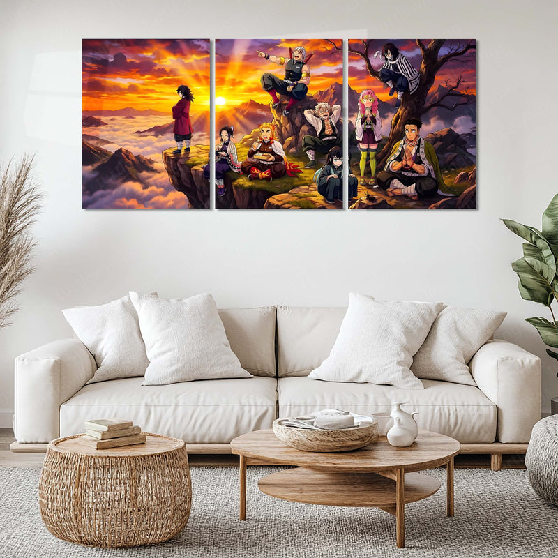 Anime Metal Poster Set of 3 | Demon Slayer Hashira Sunset Mountain Triptych Wall Art