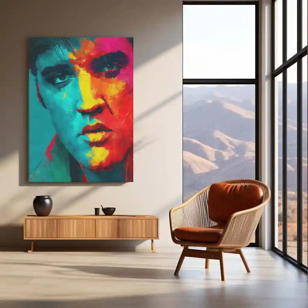 アート・デザイン・音楽 Elvis Presley Record Breakers 🎸 Elvis Presley Colorful Artistic Portrait – Metal frame | Retro