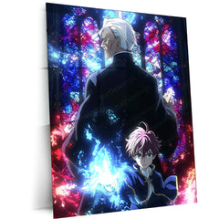 Anime Duo with Magic in Gothic Cathedral – Fantasy Stained Glass Scene Metal Frame | Epic Anime Portrait Wall Art