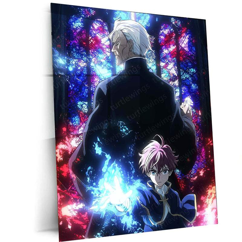 Anime Duo with Magic in Gothic Cathedral – Fantasy Stained Glass Scene Metal Frame | Epic Anime Portrait Wall Art