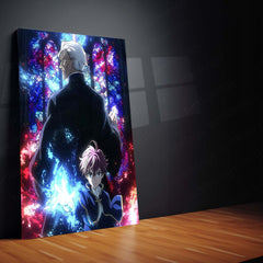 Anime Duo with Magic in Gothic Cathedral – Fantasy Stained Glass Scene Metal Frame | Epic Anime Portrait Wall Art