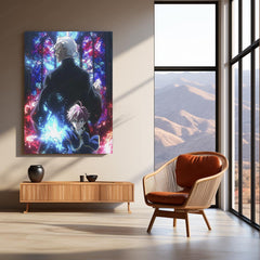 Anime Duo with Magic in Gothic Cathedral – Fantasy Stained Glass Scene Metal Frame | Epic Anime Portrait Wall Art