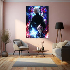 Anime Duo with Magic in Gothic Cathedral – Fantasy Stained Glass Scene Metal Frame | Epic Anime Portrait Wall Art