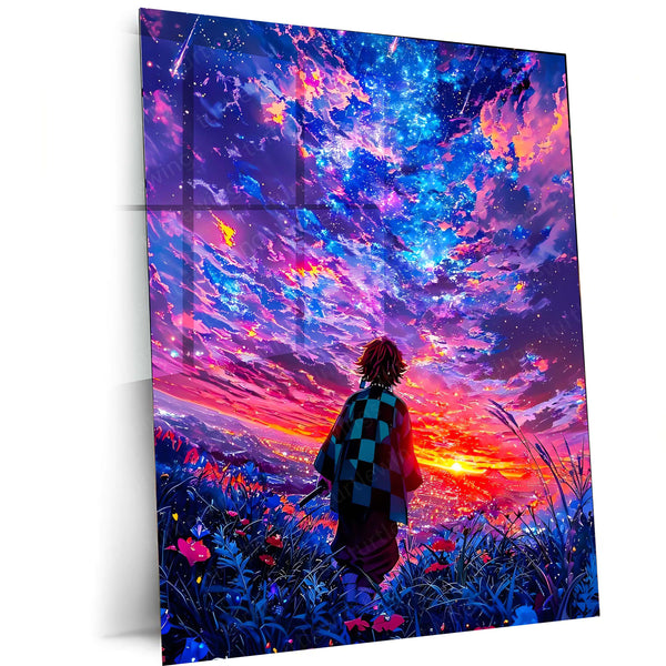Anime Metal Poster | Anime Sunset Dreamscape – Boy Under a Cosmic Sky Metal Poster | Aesthetic Wall Frame