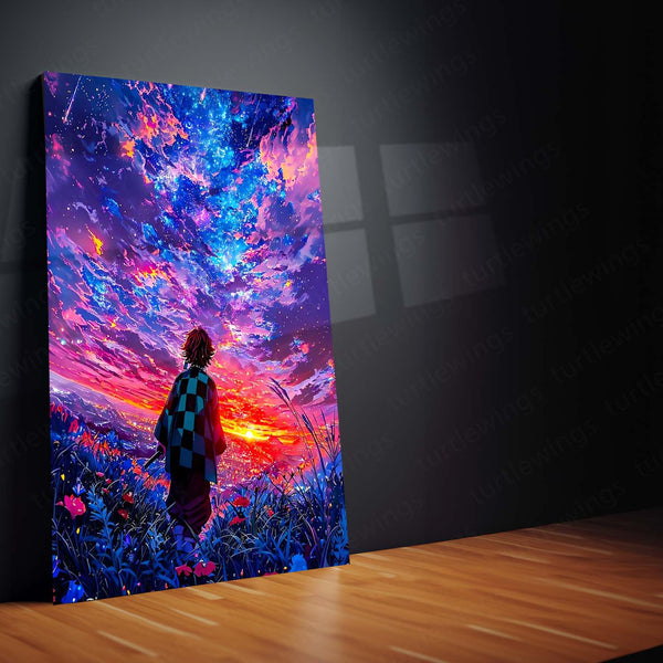 Anime Metal Poster | Anime Sunset Dreamscape – Boy Under a Cosmic Sky Metal Poster | Aesthetic Wall Frame