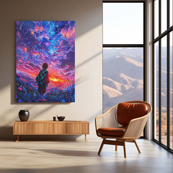 Anime Metal Poster | Anime Sunset Dreamscape – Boy Under a Cosmic Sky Metal Poster | Aesthetic Wall Frame