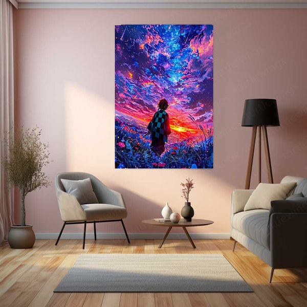 Anime Metal Poster | Anime Sunset Dreamscape – Boy Under a Cosmic Sky Metal Poster | Aesthetic Wall Frame