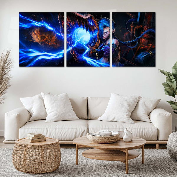 Gaming Metal Poster Set of 3 | Jinx Arcane Blue Energy Weapon Triptych Wall Art – main product image