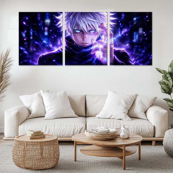 Anime Metal Poster Set of 3 | Jujutsu Kaisen | Satoru Gojo Purple Energy & Six Eyes Triptych Wall Art – main product image