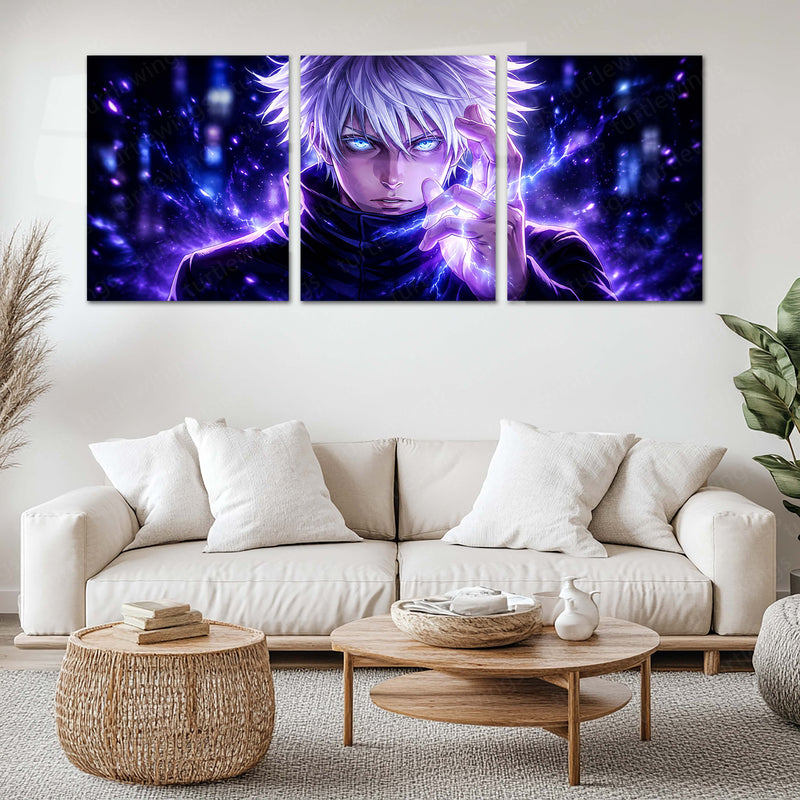 Anime Metal Poster Set of 3 | Jujutsu Kaisen | Satoru Gojo Purple Energy & Six Eyes Triptych Wall Art – main product image
