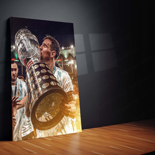 Lionel Messi Lifting Copa América Trophy – Argentina Kit Celebration Metal Frame | Iconic Football Wall Art - TURTLEWINGS 
