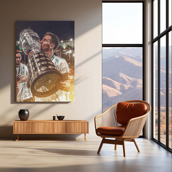 Lionel Messi Lifting Copa América Trophy – Argentina Kit Celebration Metal Frame | Iconic Football Wall Art - TURTLEWINGS 