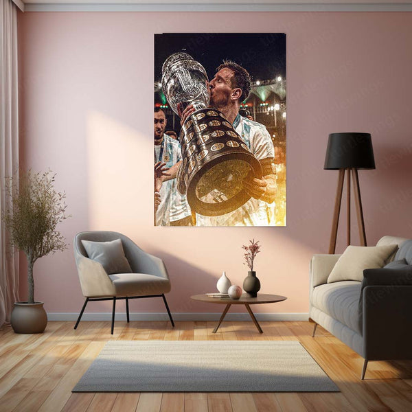 Lionel Messi Lifting Copa América Trophy – Argentina Kit Celebration Metal Frame | Iconic Football Wall Art - TURTLEWINGS 