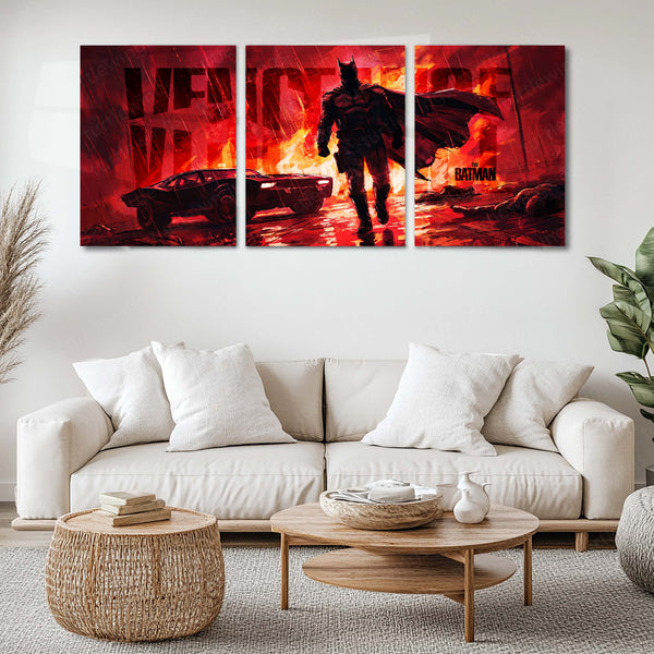 Marvel Metal Poster Set of 3 | Batman | Armored Batman & Batmobile Fire Scene Triptych Wall Art