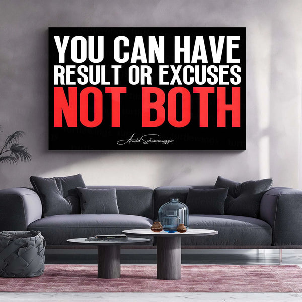 Quote Metal Poster | Arnold Schwarzenegger Quote – “Results or Excuses, Not Both” | Motivational Gym Wall Metal Frame Poster