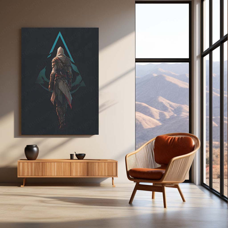 Games Metal Poster | Assassin’s Creed Minimalist – Hooded Assassin Back View Metal Poster | Gaming Wall Frame