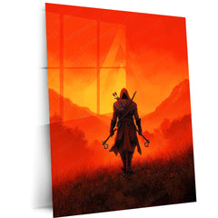 Game Metal Poster | Assassin’s Creed Metal Poster | Hooded Assassin Sunset Wall Art | Legendary Gaming Metal Frame