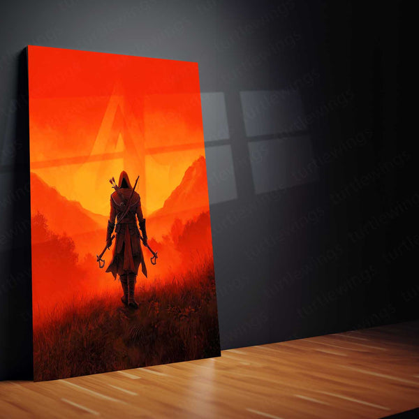 Game Metal Poster | Assassin’s Creed Metal Poster | Hooded Assassin Sunset Wall Art | Legendary Gaming Metal Frame
