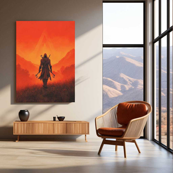 Game Metal Poster | Assassin’s Creed Metal Poster | Hooded Assassin Sunset Wall Art | Legendary Gaming Metal Frame