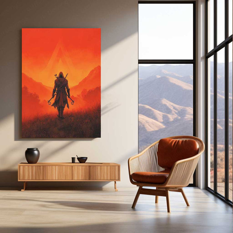 Game Metal Poster | Assassin’s Creed Metal Poster | Hooded Assassin Sunset Wall Art | Legendary Gaming Metal Frame