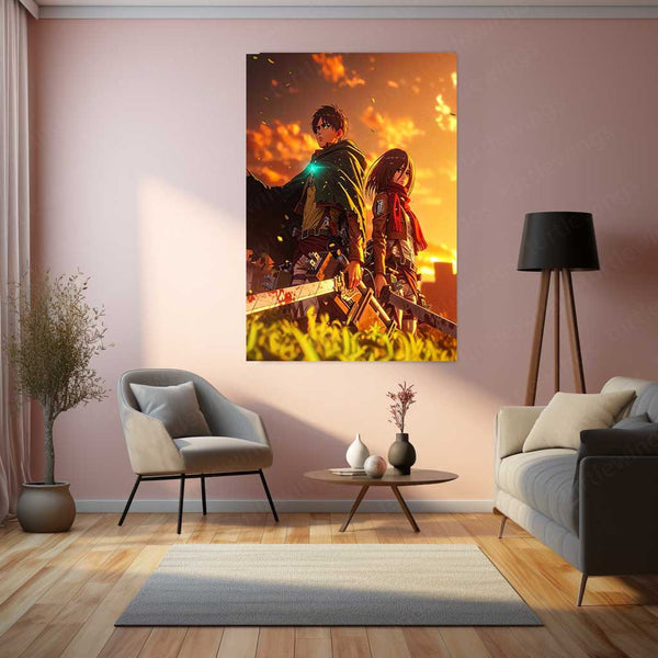 Anime Metal Poster | Attack on Titan – Eren Yeager & Mikasa Ackerman Metal Poster | Anime Duo Wall Frame