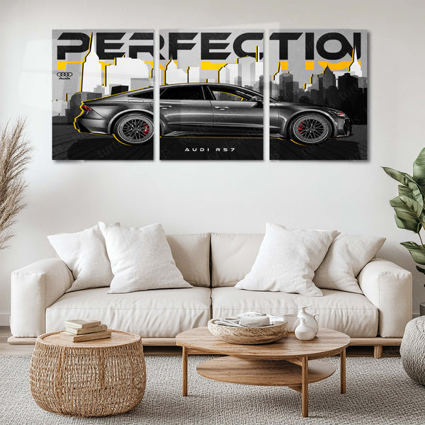Car Metal Poster Set of 3 | Audi RS7 | Grey Luxury Performance Sedan Triptych Wall Art | Premium Automotive Metal Print