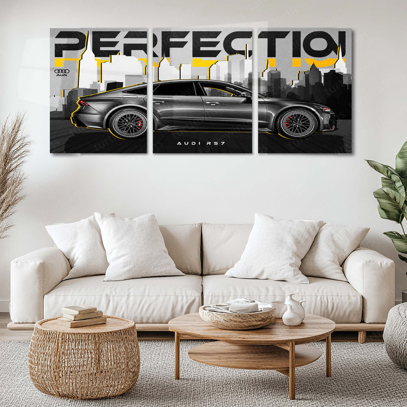 Car Metal Poster Set of 3 | Audi RS7 | Grey Luxury Performance Sedan Triptych Wall Art | Premium Automotive Metal Print