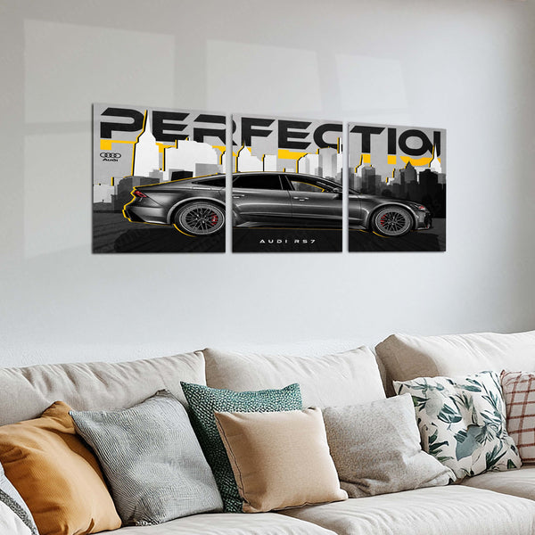 Car Metal Poster Set of 3 | Audi RS7 | Grey Luxury Performance Sedan Triptych Wall Art | Premium Automotive Metal Print