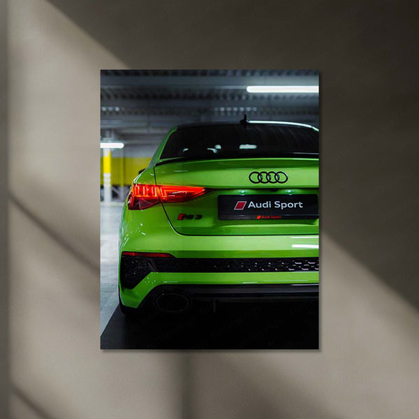 Audi RS3 Sportback – Kyalami Green Edition Neon LED Metal Poster | Luxury Hot Hatch Wall Frame