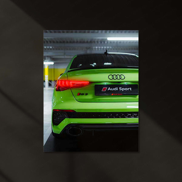 Audi RS3 Sportback – Kyalami Green Edition Neon LED Metal Poster | Luxury Hot Hatch Wall Frame