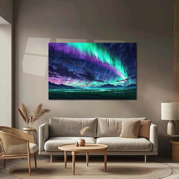 Aurora Night Sky – Green & Purple Landscape | Premium Metal Poster - TURTLEWINGS 