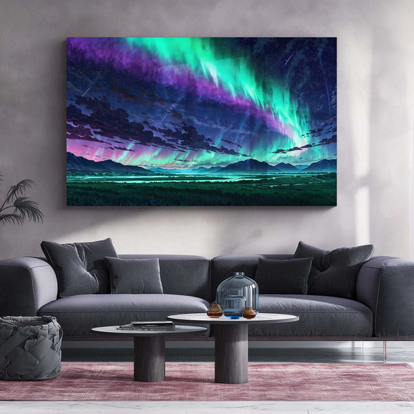 Aurora Night Sky – Green & Purple Landscape | Premium Metal Poster - TURTLEWINGS 