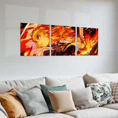 Anime Metal Poster Set of 3 | Kyojuro Rengoku Flame Hashira Fiery Sword Triptych Wall Art – product image 2