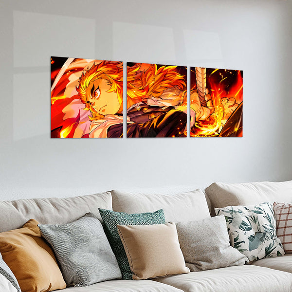 Anime Metal Poster Set of 3 | Kyojuro Rengoku Flame Hashira Fiery Sword Triptych Wall Art – product image 2