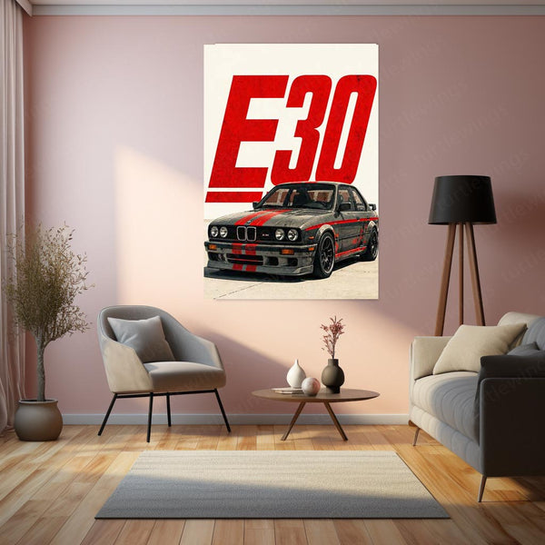 BMW E30 M3 Racing Metal Poster | Classic German Sports Car Wall Art