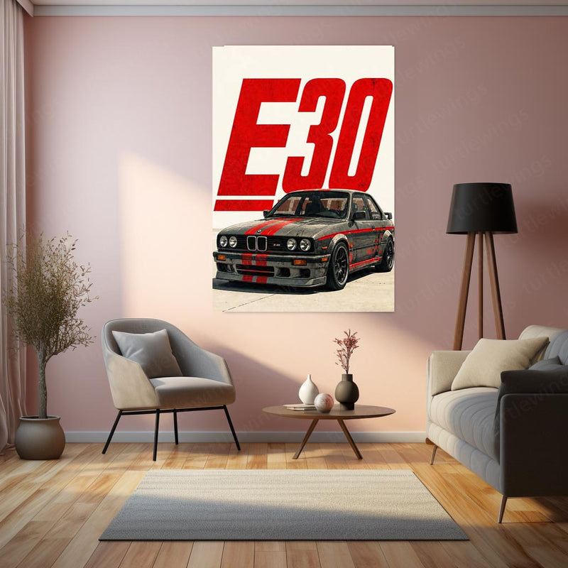 BMW E30 M3 Racing Metal Poster | Classic German Sports Car Wall Art