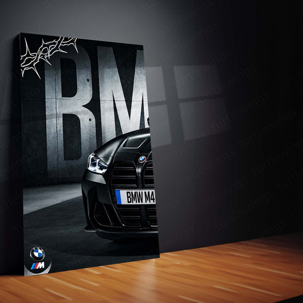 Car Metal Poster Set of 3 | BMW M4 Competition | Black Shadow Beast Sports Car Triptych Wall Art | Premium Automotive Metal Print