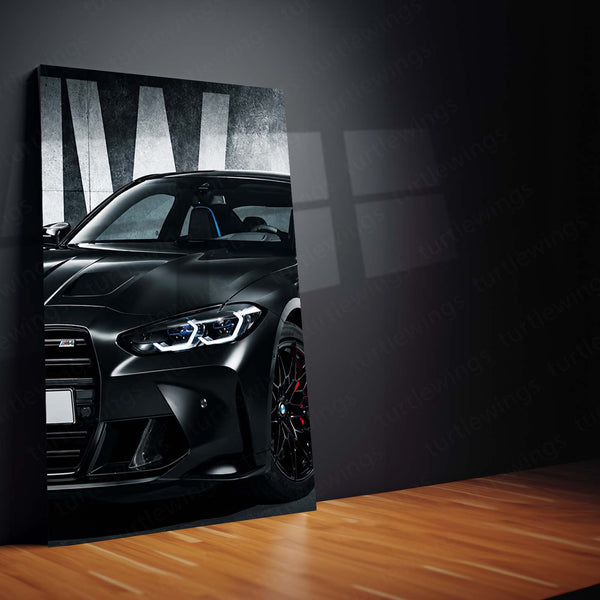 Car Metal Poster Set of 3 | BMW M4 Competition | Black Shadow Beast Sports Car Triptych Wall Art | Premium Automotive Metal Print