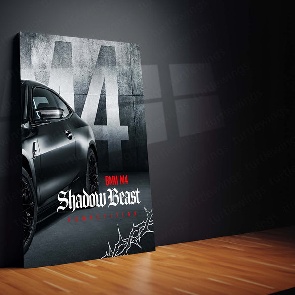 Car Metal Poster Set of 3 | BMW M4 Competition | Black Shadow Beast Sports Car Triptych Wall Art | Premium Automotive Metal Print